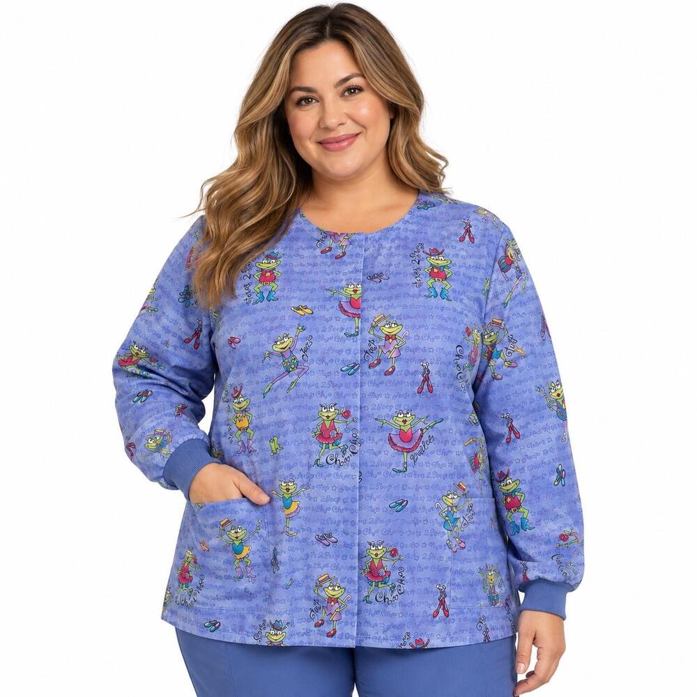 Simply Basic Jacket Womens 2X Blue Frog Print Flannel Snap Front Scrub Pockets